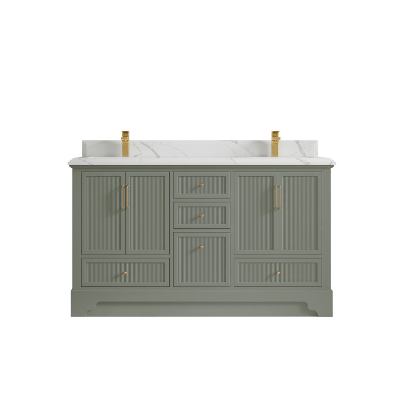 Meuble-lavabo double autoportant 60 po avec plateau en quartz Alys (option boutons)
