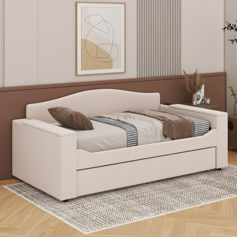 Twin Size Upholstered Daybed With Trundle,Storage Armrests And Latest Integrated Bluetooth Audio System, Beige