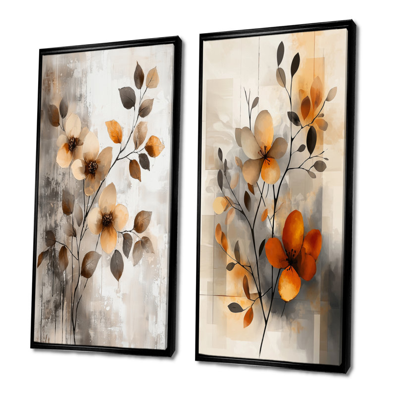 Ensemble d'impressions botaniques orange, beige et botanique III I - fleurs de cerisier, H 32 po x l 32 po