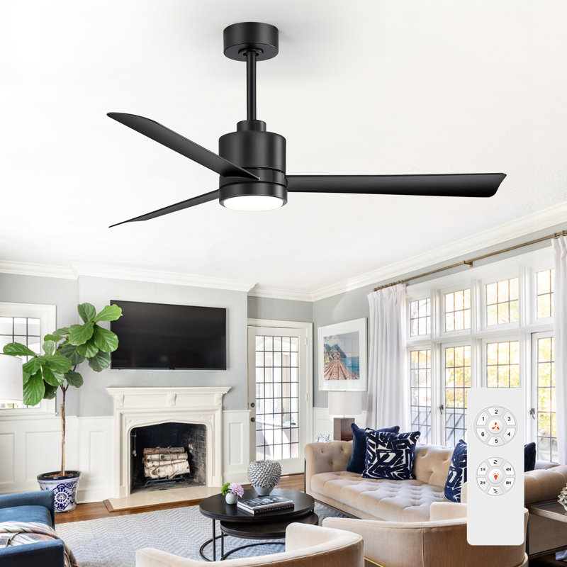 Ventilateur de plafond de 52 pouces avec lumière et télécommande, ventilateur de plafond noir, moteur à courant continu, 6 vitesses, silencieux et réversible, intérieur pour la chambre à coucher du salon