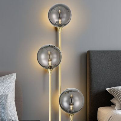 Mid Century Modern Floor Lamp - 67" Tall Tree Style With 3 LED Lights, Gold Brass Finish, Gray Bubble Glass Shades, Foot Dimmer Switch For Living Room, Bedroom, Office