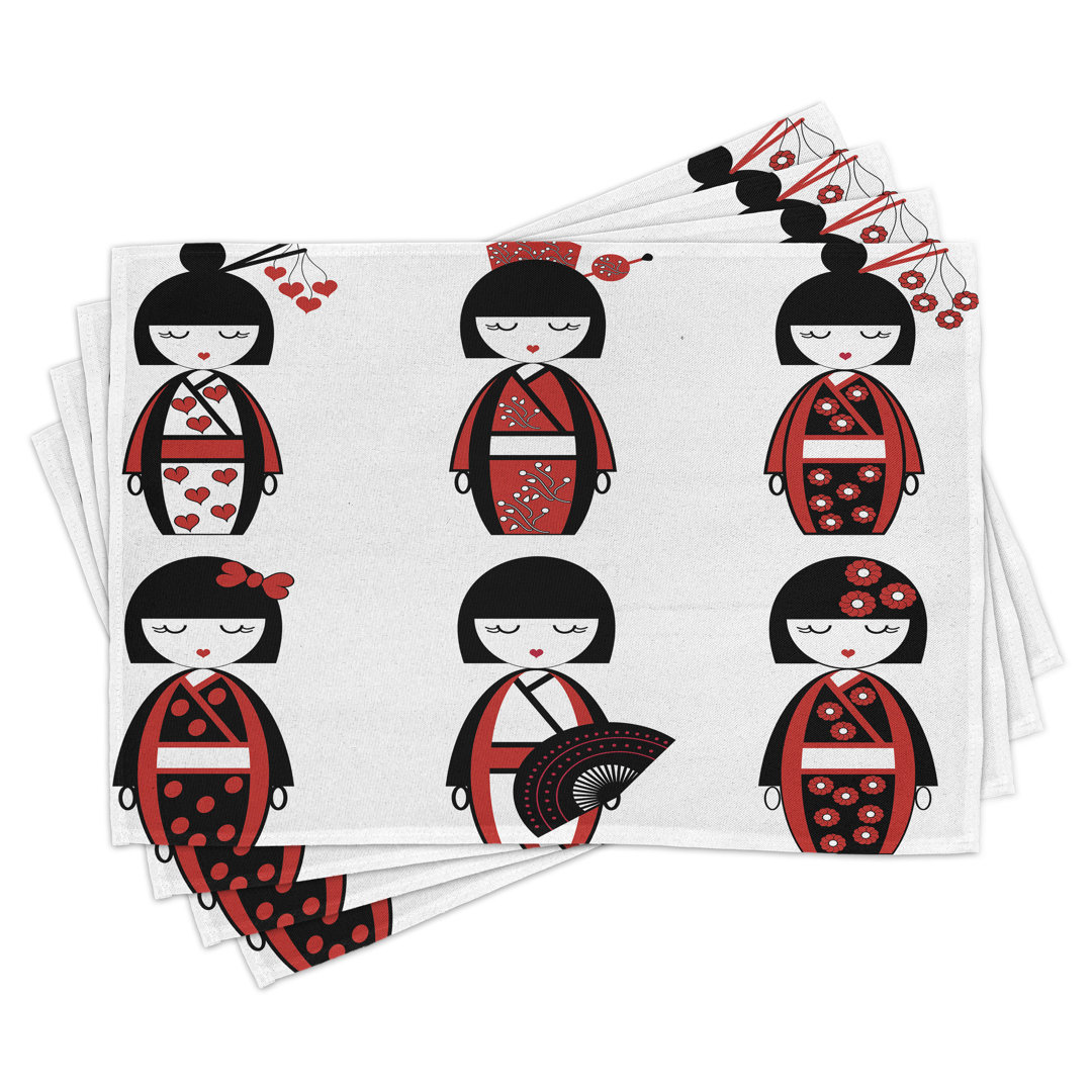 Platzdeckchen 4er-Set, Geisha-Puppen Folkloristisch, Schwarz-Rot