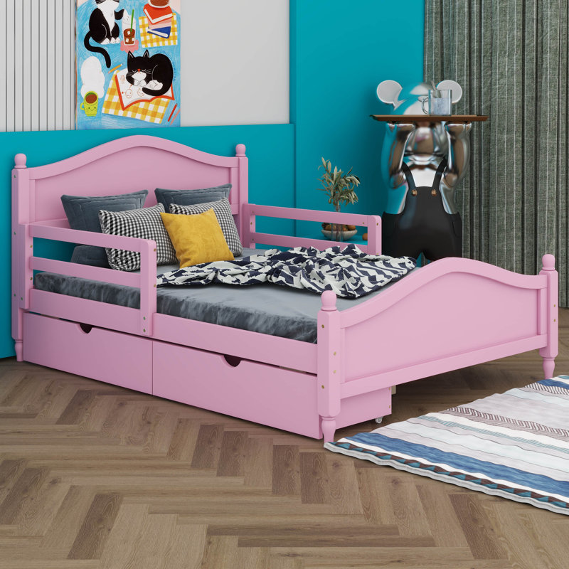 Lit plateforme en bois avec garde-corps des deux côtés et deux tiroirs de rangement, Rose, Full