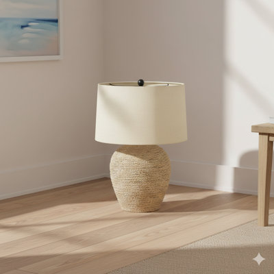 Lighting, H 25 po, lampe de table, rotin, abat-jour beige, transitionnel