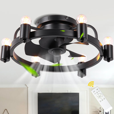 20" Black Industrial Fluh Mount Ceiling Fan with Light Kit and Remote Control, 6-speed low profile Reversible Fan for Room Bedroom