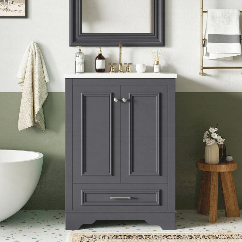 24'' Bathroom Vanity with Ceramic Sink Combo, Modern Freestanding Storage Cabinet with Silver Handles, Soft Closing Doors