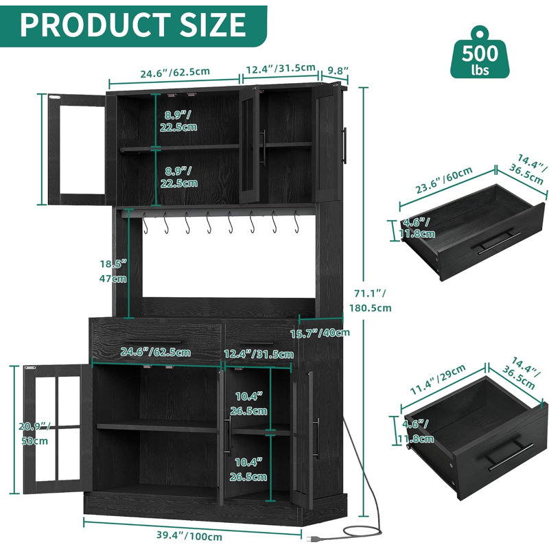 Armoire de rangement pour garde-manger de 71 po avec support pour micro-ondes, grande armoire de cuisine moderne avec prise de courant, garde-manger avec tiroirs et tablettes pour la maison, blanc