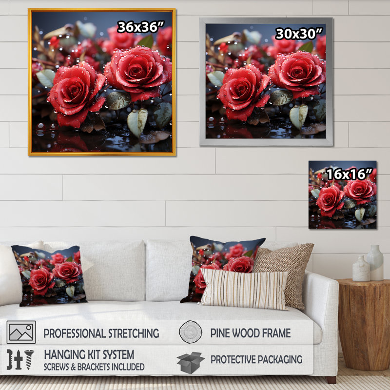 «Crimson Rose Passion III», reproduction sur toile, Cadre doré simple, H 36 po x l 36 po x P 1,5 po