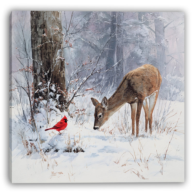 «Forest Greeting Deer and Cardinal», art mural sur toile tendue