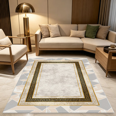 Tapis à bordure grecque blanche et dorée blanche pour le salon, doux et confortable, convient à toutes les saisons, facile à entretenir, tapis de sol intérieur lavable à la machine, ferme sous la table convenant à la chambre à coucher, à la salle à manger, au bureau, au balcon et au patio