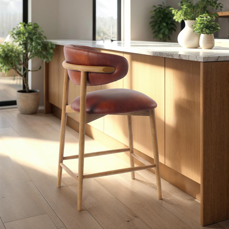 Tabouret de comptoir rembourré de 26 po avec structure en bois massif Murphey, Tabac