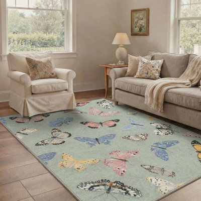 Adonis Aura Floral Butterfly Machine Washable Green / Blue / Pink / Yellow Indoor Area Rug with Non-Slip Backing