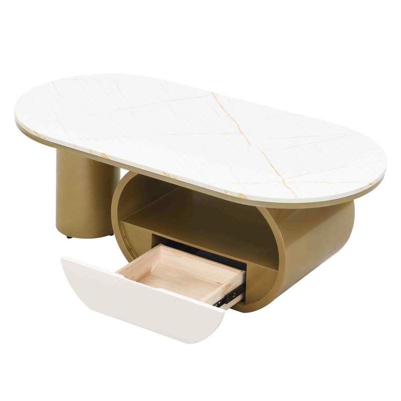 Table basse de luxe moderne 47,77 po avec tiroir de rangement, conception ovale, plateau en faux marbre, métal doré pour le salon, fabrication, pieds réglables, ensemble sécuritaire