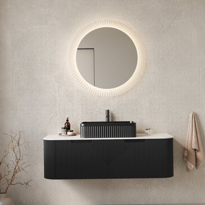 Meuble-lavabo 48 po avec lavabo, meuble de rangement mural à bords arrondis avec 2 tiroirs, lavabo rectangulaire en céramique noir, sans robinet, pré-assemblé, couleur noire