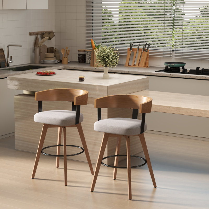Saula 34.75'' H Swivel Bucket Bar Stool with Solid Wood Frame, Gray, 1