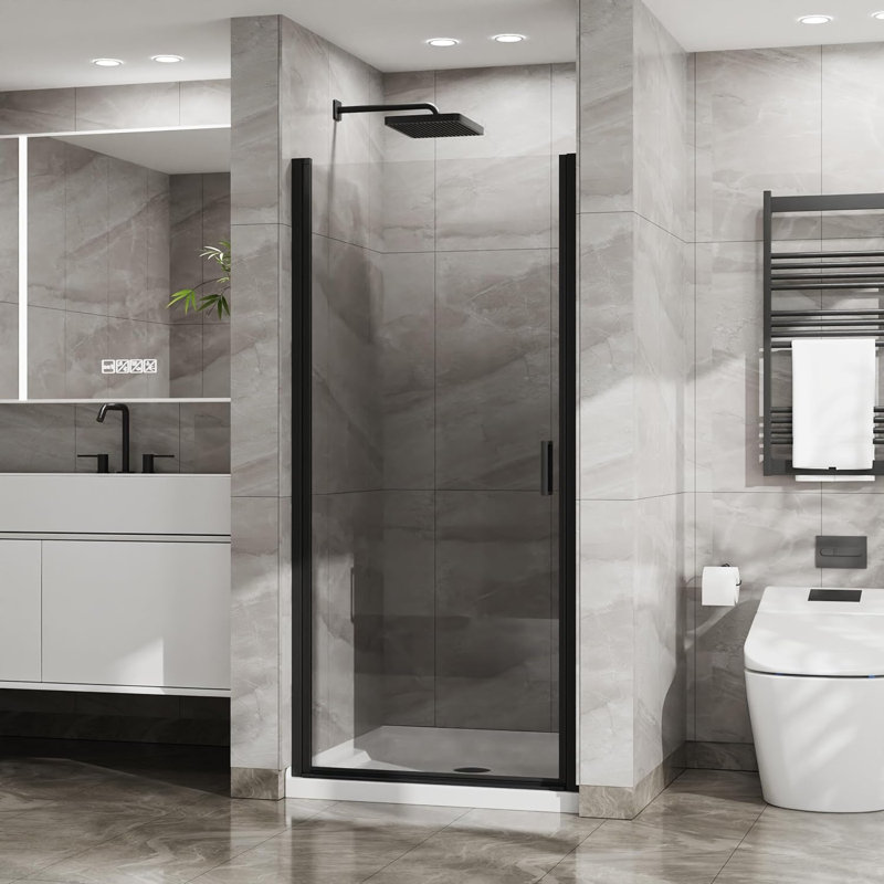 34" W X 72" H Pivot Shower Door, Semi-frameless Shower Doors With 1/4'' (6mm) Clear Sgcc Tempered Glass, Matte Black Finish, Reversible Installation