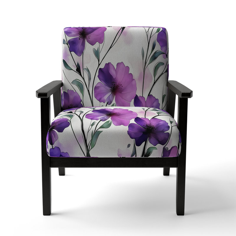 Geidel - Abstract Flowers - Upholstered Traditional Accent Arm Chair, Purple/Green Velvet, Black Square Arms