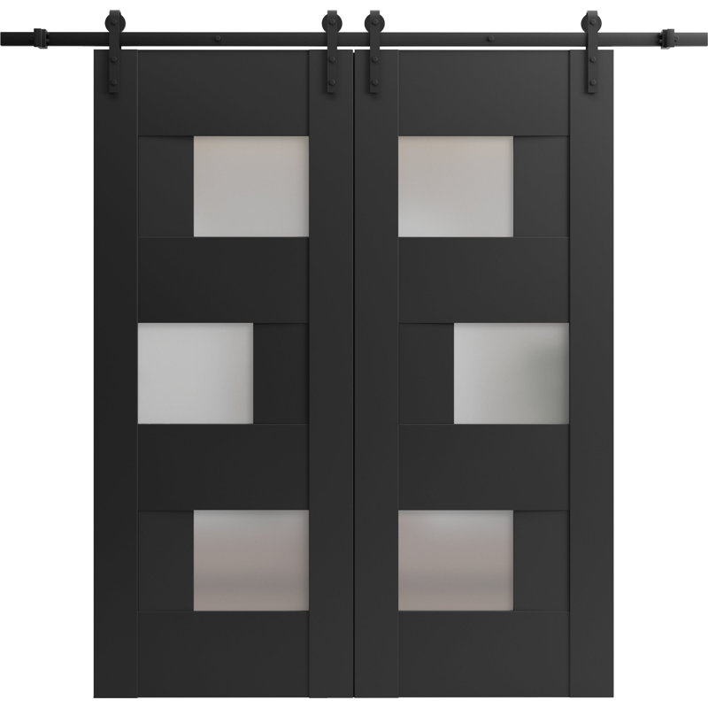 Porte de grange double robuste avec verre dépoli Sete 6933 Noir mat Supports de rail 13 pi Portes intérieures à panneaux solides - 36 po x 80 po (2 x 18 x 80)