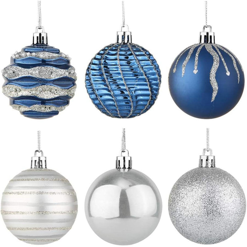 Ensemble de boules de Noël décoratives en plastique incassable 30 carats, 60 mm / 2,36 po, Bleu; argent