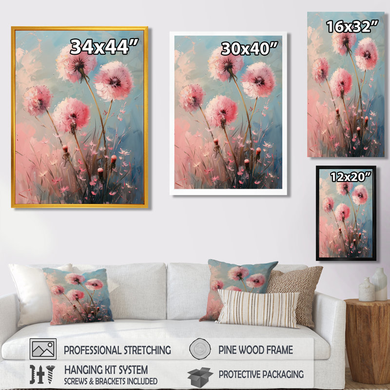 Été rose bleu pissenlit Rêve II - Pissenlit, art mural, Cadre flottant doré, H 32 po x l 24 po x P 1 po