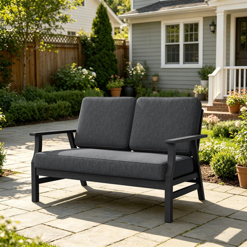 Causeuse d'extérieur en teck massif avec coussin et accoudoirs, Gris foncé, Noir