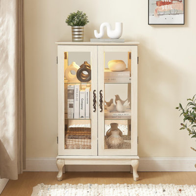 Curio Cabinet With Tempered Glass Doors, Lighted Display Cabinet With Mirrored Back Panel & Adjustable Shelves Perfect For Home Or Office (Light Bulb Included)-WHITE