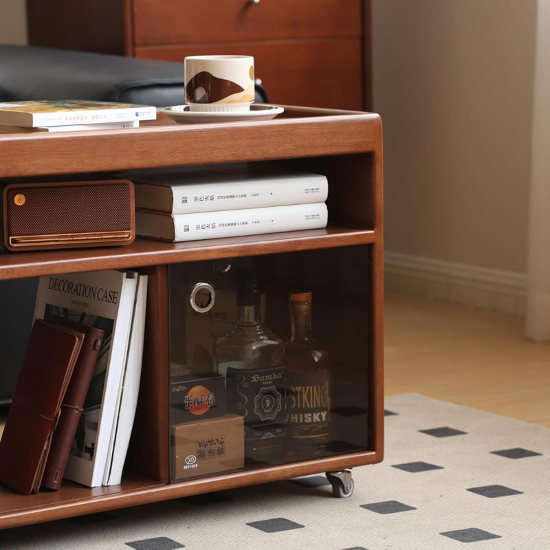 Solid Wood End Table with Wheels, Teak