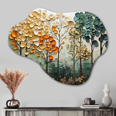 «Orange Green Trees Canopy Patchwork I», impression de nuage d'arbres sur métal, décoration murale asymétrique traditionnelle en métal