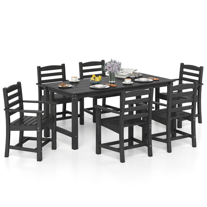 Ensemble de 7 tables de salle à manger d'extérieur pour 6 personnes, table rectangulaire et 6 fauteuils, noir, Noir