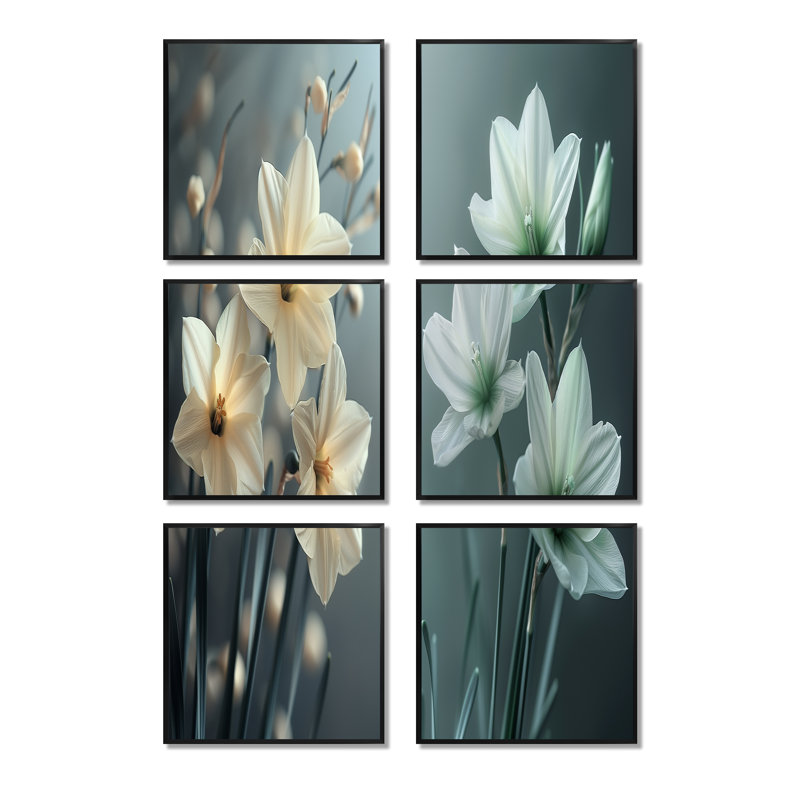 Ensemble de 6 photos de jonquilles murales monochromes grises et blanches, Impression encadrée sans passe-partout, Noir