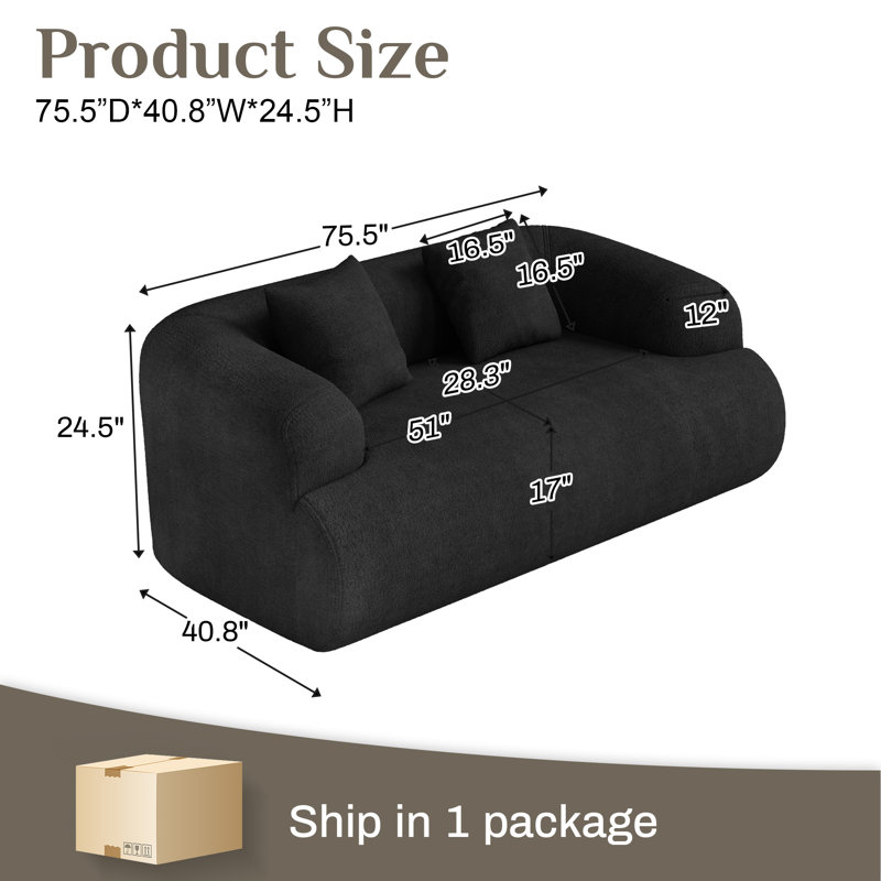 Canapé à compression Boneless, Noir, H 24,5 po x l 75,5 po x P 40,8 po