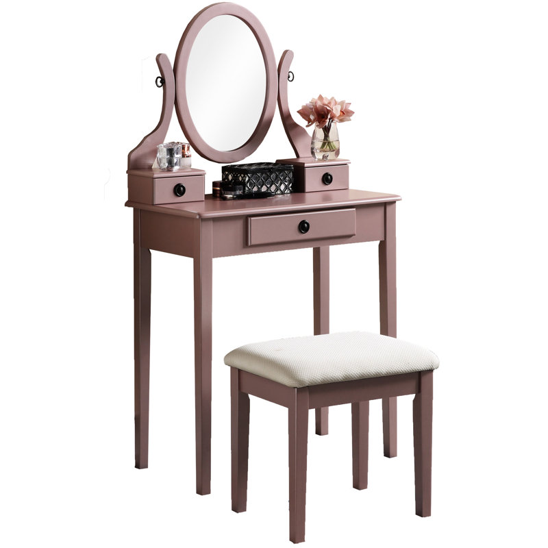 Wood Makeup Vanity With Stool, Rose Gold Gleam - 3 Drawers For Storage, Adjustable Oval Mirror, Smooth Tabletop Cosmetics, Comfortable Stool Sparkle Jewelry Padded