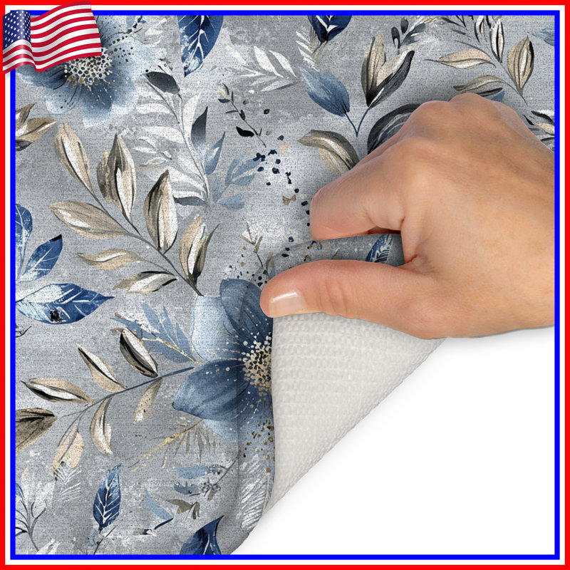 Tapis de bain floral, Simple - L 21 po x l 34 po, Bleu floral abstrait 1