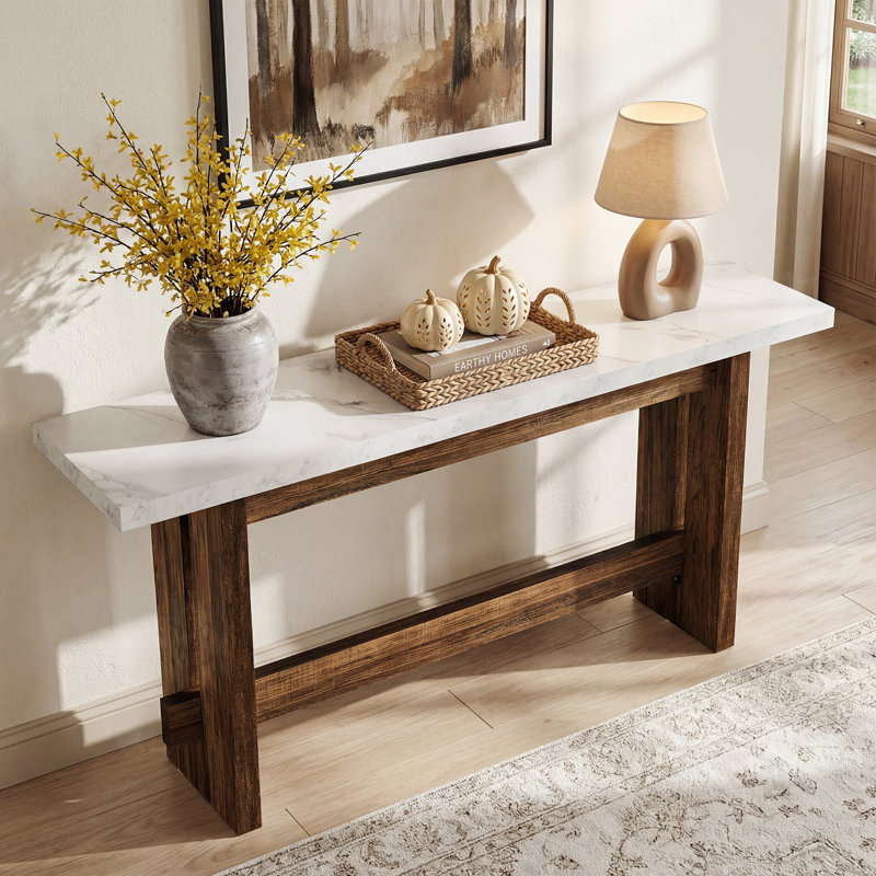 Console de 63 po en bois, table d'entrée de ferme avec plateau en faux marbre, long canapé rectangulaire derrière le canapé pour l'entrée, le couloir, le salon, l'entrée