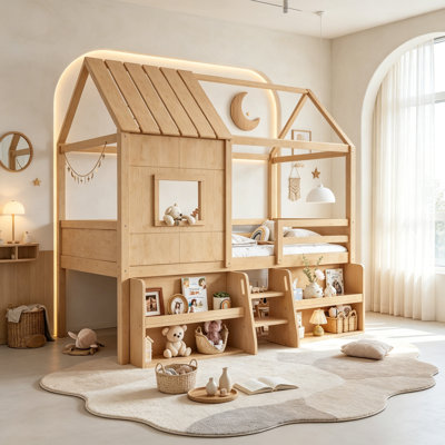 Pine Wood House Loft Bed With Storage Stairs and Slat Support for kids, Low Loft Bed with Safety Guardrail for Boys Girls, Twin Size, Natural