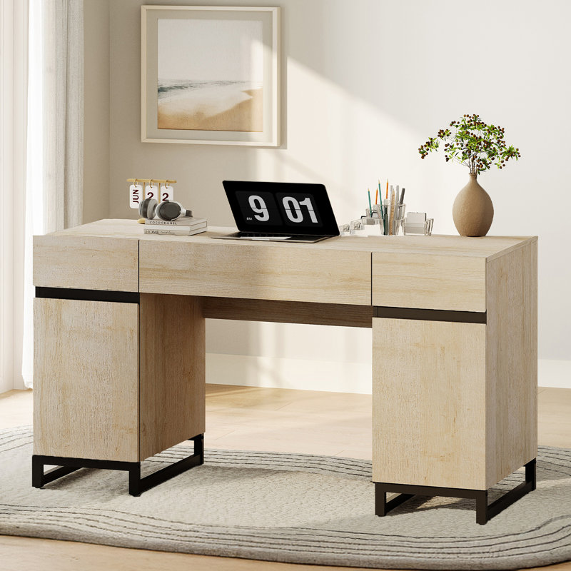 Bureau de direction moderne 59 po avec tiroirs Aadam, bureau d'ordinateur avec station de charge, tiroir-classeur, bureau de rangement en bois pour bureau et bureau