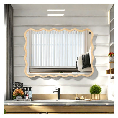 40" x 28" Modern Wavy Rectangle Wall Mirror with Solid Wood Frame - Natural Wood Decorative Mirror for Bathroom, Bedroom, Living Room