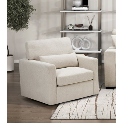 Fauteuil pivotant ergonomique en boucle beige, structure en bois massif et en contreplaqué pour une maison à 360 degrés avec revêtement en tissu