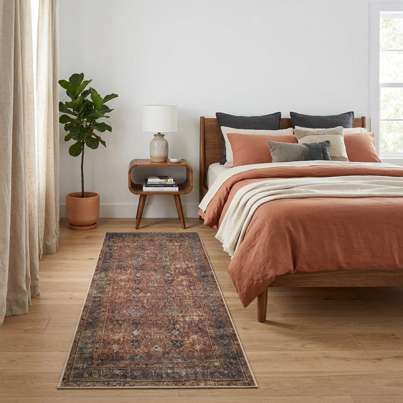 Machine Washable Non-Slip - Terracotta / Mustard Traditional Rug, Runner 2'6" x 10'