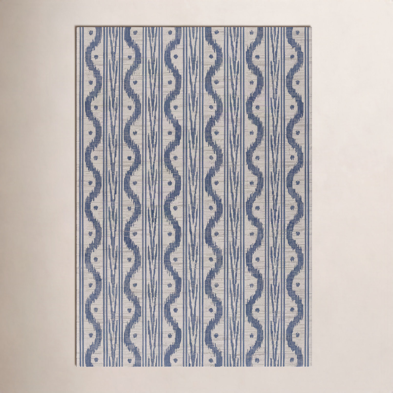 Karini Blue White Ikat Outdoor Rug, Rectangle 6'6" x 9'