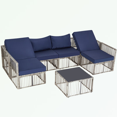 Ensemble de patio 7 pièces en osier avec coussins moelleux et table basse carrée