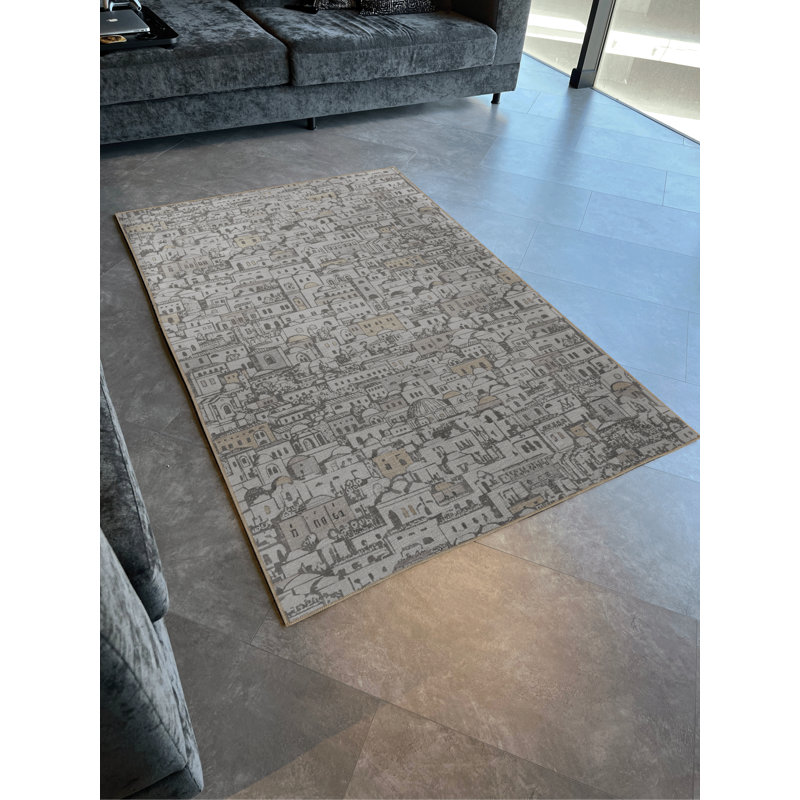 Tapis décoratif beige et gris à motif de ville antique, Rectangle 4 pi 11,06 po x 7 pi 6,55 po
