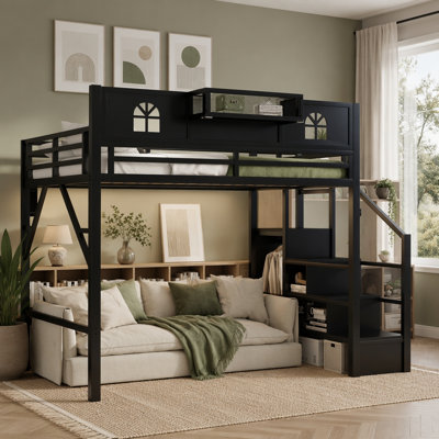 Metal Loft Bed with High and House Shaped Guardrails, High Loft Bed with Wardrobe