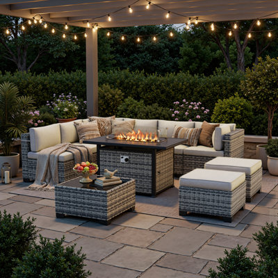 10-Piece Outdoor Patio Conversation Set With 55,000 BTU Propane Fire Pit Table, Wicker Sectional Sofa, 2 Ottomans & Coffee Table