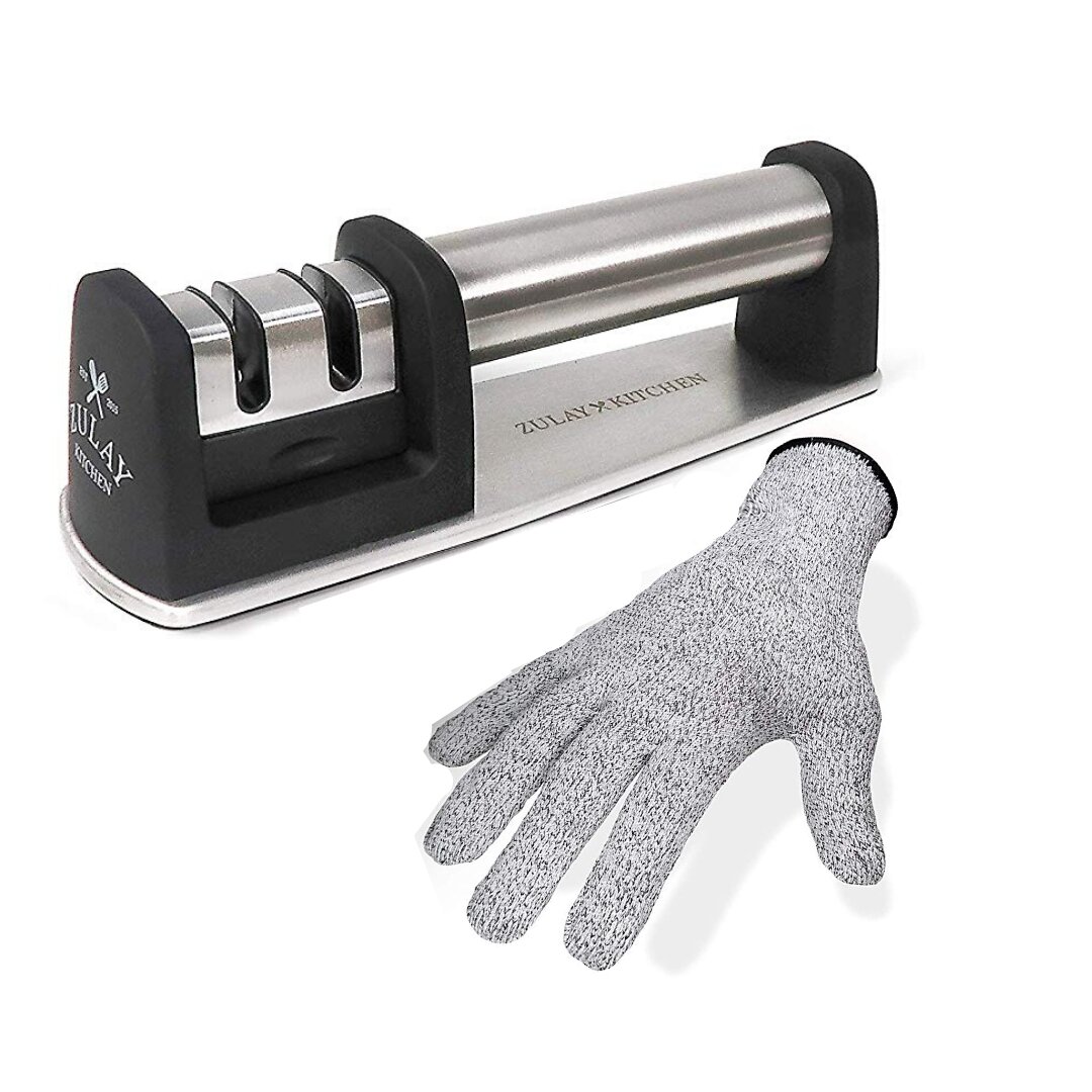Zulay Kitchen 3 Stage Knife Sharpener and 1 Piece Cut-Resistant Glove