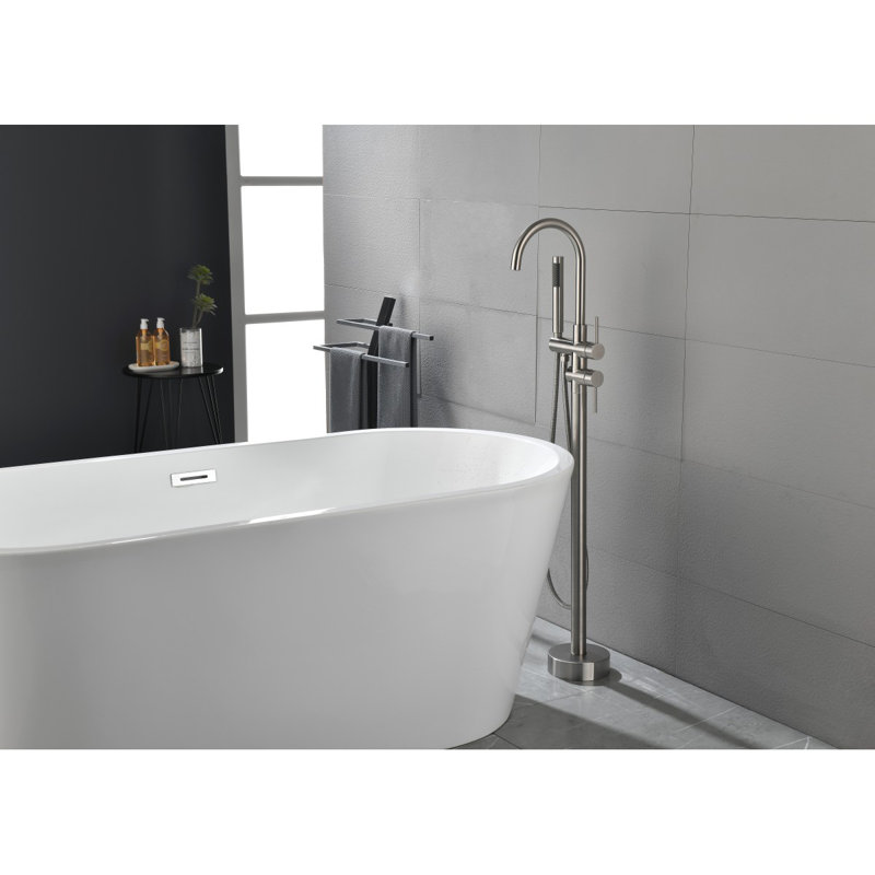 Robinet de baignoire autoportant à fixation au sol à haut débit avec pomme de douche à main et bec pivotant