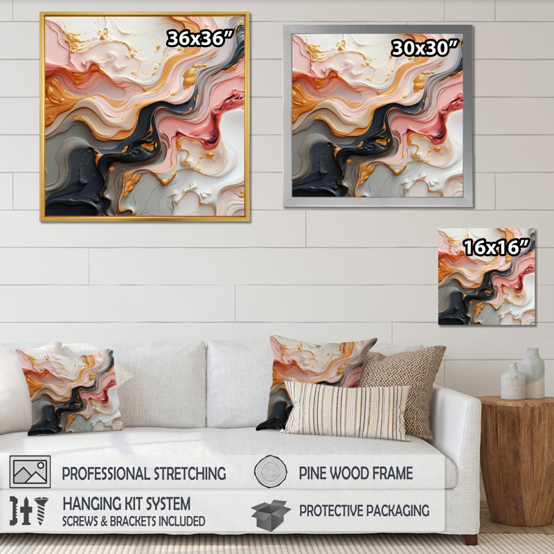 Art liquide en mouvement en or rose noir et bleu I - impression, 24" H x 24" W, Cadre naturel flottant