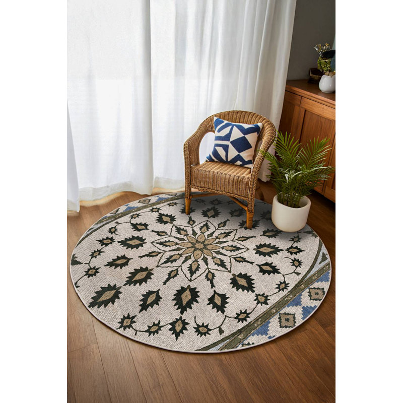 Isabel Collection Digital Print Cotton-Polyester Gray Beige Moroccan Rug, Round 3'4"