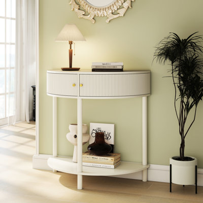 de conception à vagues avec double rangement et couleur beige vanille crémeuse pour la chambre à coucher, 2 tiroirs uniques, détails ondulés 3D, salon blanc