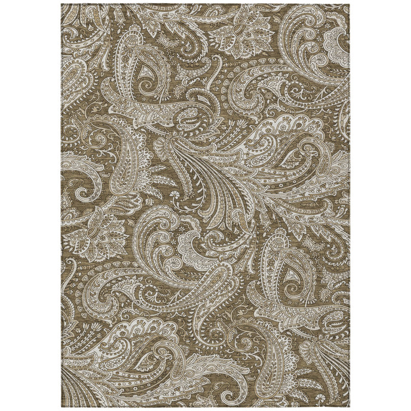 3' X 5' Chocolate Beige And Ivory Paisley Washable Indoor Outdoor Area Rug